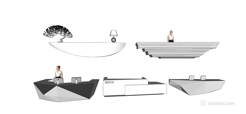 Modern Reception Desk Interior Design With Various Styles And Staff Standing 3d model