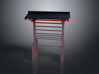 Modern Multi Tiered Shelf With Black Top Red Accents And Wooden Frame 3d model