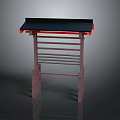 Modern Multi Tiered Shelf With Black Top Red Accents And Wooden Frame