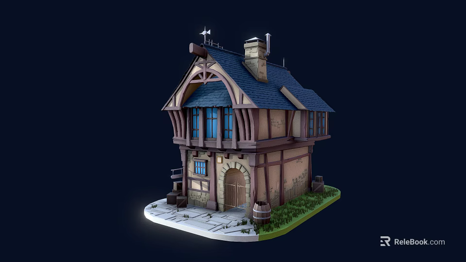 Charming Cartoon Timber Framed Cottage With Blue Windows Chimney Barrels Greenery And Stone Path 3d model 