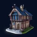 Charming Cartoon Timber Framed Cottage With Blue Windows Chimney Barrels Greenery And Stone Path
