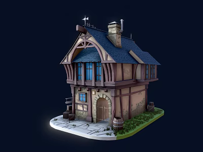 Charming Cartoon Timber Framed Cottage With Blue Windows Chimney Barrels Greenery And Stone Path 3d model