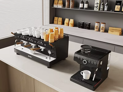 Stylish Kitchen Counter With Espresso Machines Stacked Cups And Shelf Bottles 3d model