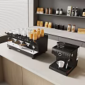 Stylish Kitchen Counter With Espresso Machines Stacked Cups And Shelf Bottles