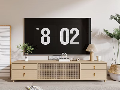 Light Wood TV Stand With Drawers Mesh Doors And Decor Items Near Flat Screen TV 3d model