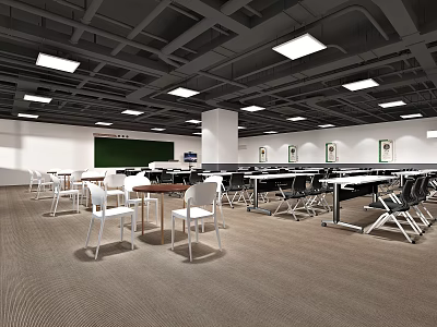 Modern School Classroom With Desks Chairs Blackboard And Ceiling Lights 3d model