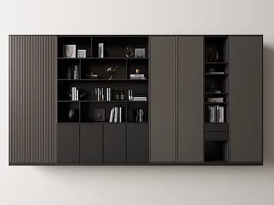 Modern Dark Gray Matte Panel Display Cabinet With Books Decorative Items And Photo Frames 3d model