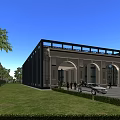 European Style Architecture With Beige Exterior Arched Doors Green Lawn White Car And Trees
