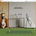 Golf Sports Equipment Set With Clubs Bags Balls And Display Rack On Green Turf