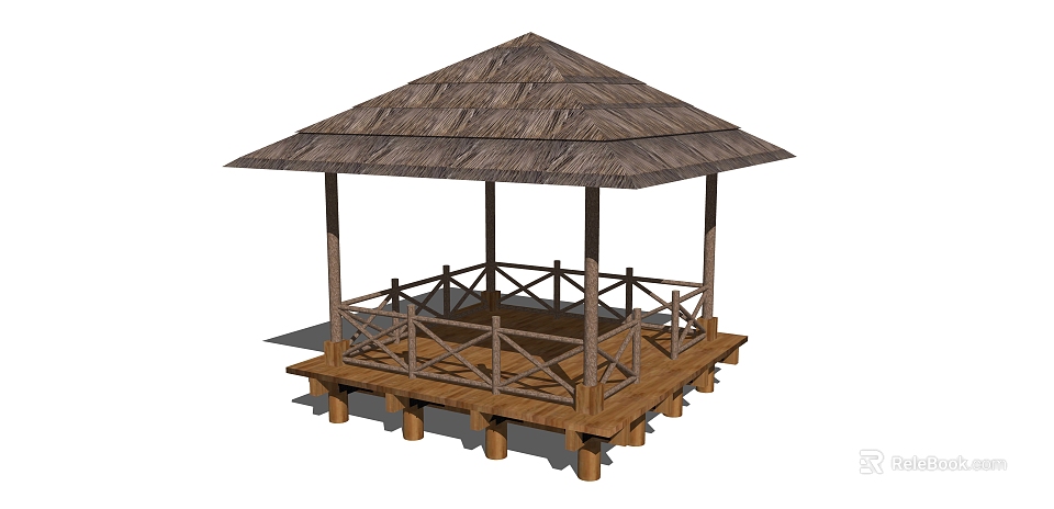 Traditional Wooden Garden Pavilion With Thatched Roof Open Platform And Railings On Stilts 3d model 
