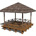 Traditional Wooden Garden Pavilion With Thatched Roof Open Platform And Railings On Stilts