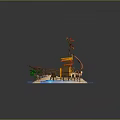 Scenic Pirate Island with Striped Sail Tower Palm Trees and Blue Water