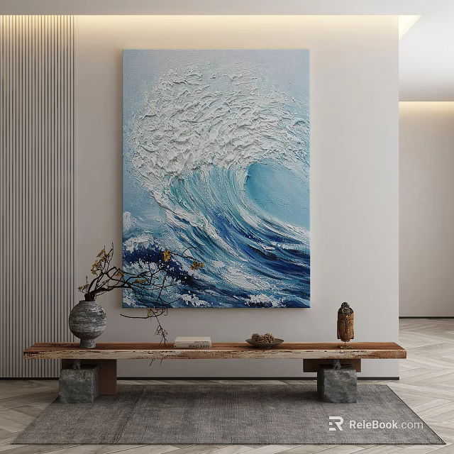 3D Textured Blue Ocean Wave Painting On Wall With Wooden Bench And Decorative Items 3d model 