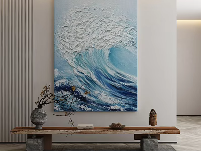 3D Textured Blue Ocean Wave Painting On Wall With Wooden Bench And Decorative Items 3d model