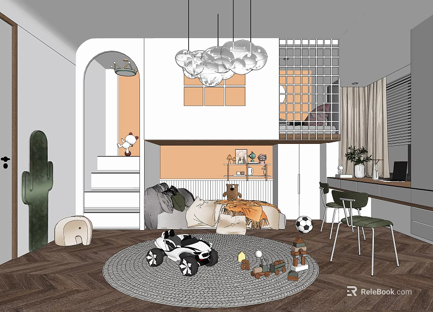 Playful Kids Room Design With Cloud Chandeliers Loft Bed Toy Car Stuffed Animals And Rug 3d model 