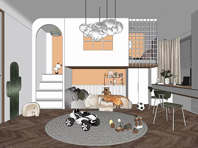 Playful Kids Room Design With Cloud Chandeliers Loft Bed Toy Car Stuffed Animals And Rug 3d model