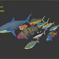Colorful Aquatic Animals Including Shark And Various Fish With Different Shapes In 3D Rendering