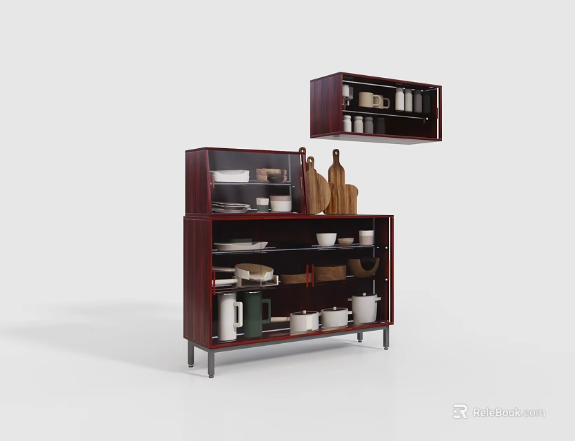 Dark Wood Modern Sideboard With Storage Shelves Dinnerware And Wall Cabinet 3d model 