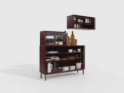 Dark Wood Modern Sideboard With Storage Shelves Dinnerware And Wall Cabinet 3d model
