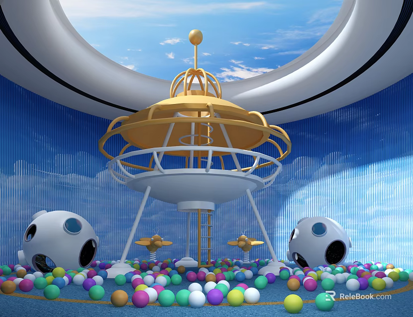 Cartoon Scene With Golden White Structure Golden Top Ball White Spherical Objects Colorful Ball Pit Blue Sky Clouds 3d model 