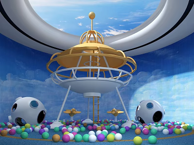 Cartoon Scene With Golden White Structure Golden Top Ball White Spherical Objects Colorful Ball Pit Blue Sky Clouds 3d model