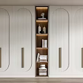 White Vertical Striped Wardrobe With Oval Doors Gold Handles Central Open Shelf And Decorative Items
