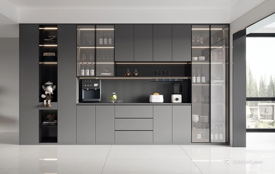Modern Gray Wine Cabinet Kitchen Design With Glass Doors And Storage Shelves 3d model 