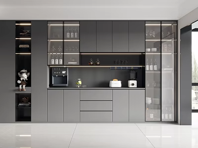 Modern Gray Wine Cabinet Kitchen Design With Glass Doors And Storage Shelves 3d model