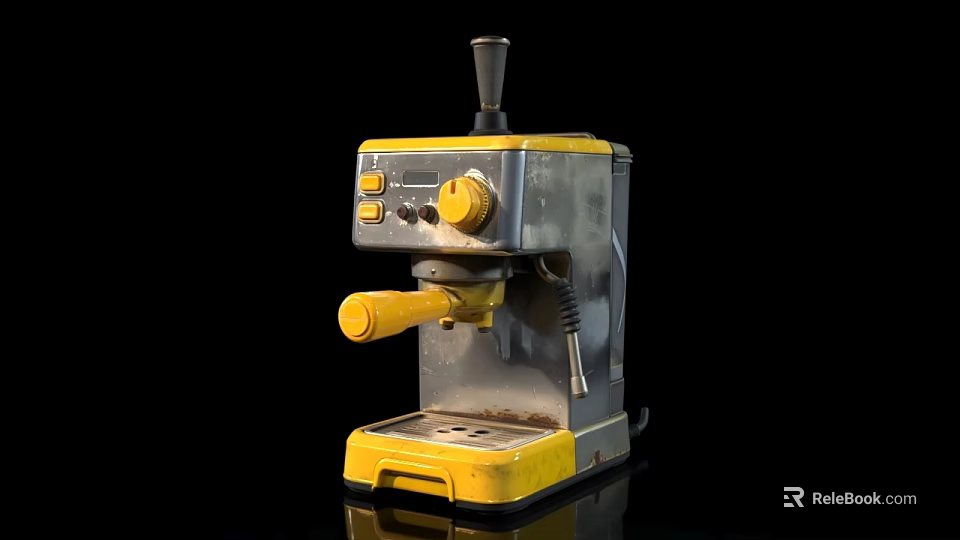 Yellow And Silver Coffee Machine With Buttons Handle On Black Background 3d model 