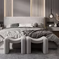 Modern Bedroom Interior With Wooden Panel Headboard Recessed Lighting Glass Sliding Wardrobe And Gray Rug