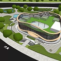 Modern Sales Office Building With Curved Glass Facade And Landscaped Gardens Including Trees And Parking