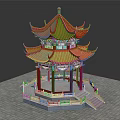 Traditional Chinese Two Story Pavilion With Orange Curved Roof Red Pillars And White Base