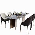 Modern Rectangular Dining Table Set Featuring Dark Tabletop Wooden Legs Fabric Chairs And Tableware 3d model