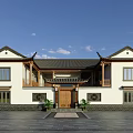 Chinese Style Detached Villa With White Walls Wooden Door And Overhanging Eaves