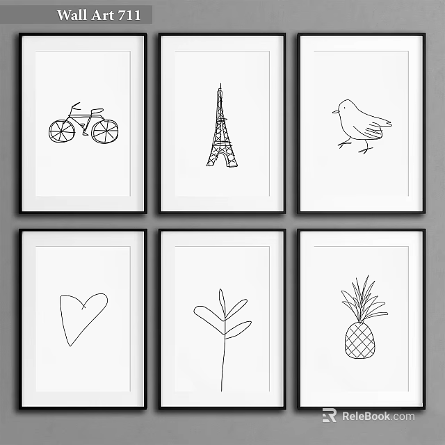 Six Framed Minimal Line Art Prints with Bicycle Eiffel Tower Bird Heart Leaf Pineapple Designs 3d model 