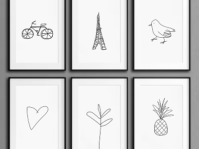 Six Framed Minimal Line Art Prints with Bicycle Eiffel Tower Bird Heart Leaf Pineapple Designs 3d model