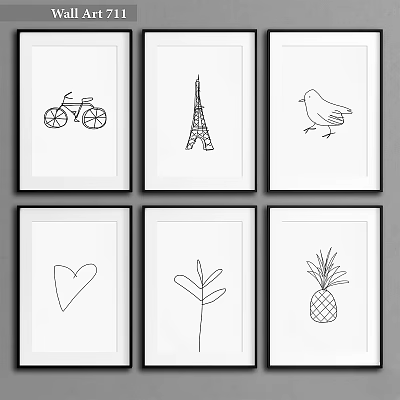 Six Framed Minimal Line Art Prints with Bicycle Eiffel Tower Bird Heart Leaf Pineapple Designs 3d model