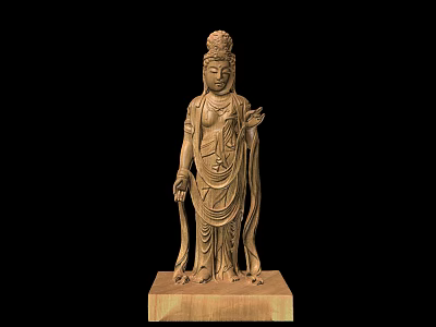 Traditional Hand Carved Detailed Wooden Guanyin Sculpture With Standing Posture And Base 3d model