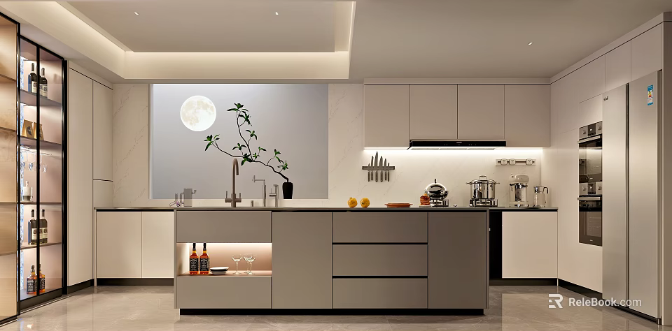 Modern Kitchen Interior With Island Counter Cabinets Round Decor And Hanging Utensils 3d model 