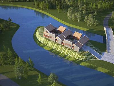 Riverside Boutique Guesthouse Building with Traditional Roofs Green Lawns and Trees 3d model