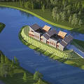 Riverside Boutique Guesthouse Building with Traditional Roofs Green Lawns and Trees