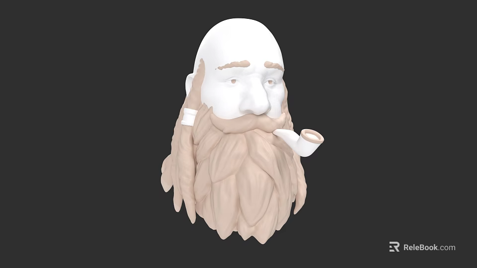 3D Bearded Character Head Model With Long Light Brown Beard And Pipe 3d model 