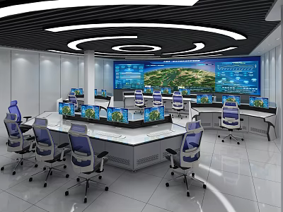 Modern Control Room with Circular Console Multiple Monitoring Screens Ergonomic Chairs and Professional Workstation Setup 3d model