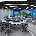 Modern Control Room with Circular Console Multiple Monitoring Screens Ergonomic Chairs and Professional Workstation Setup