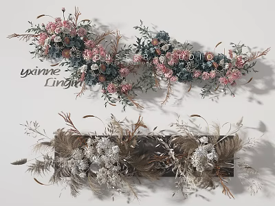 Elegant Floral Wall Decor With Pink Blue Flowers Dried Plants And Feathers 3d model
