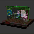 Detailed Bus Stop Shelter Model Featuring Red Roof Bench Trash Can Signs And Brick Floor
