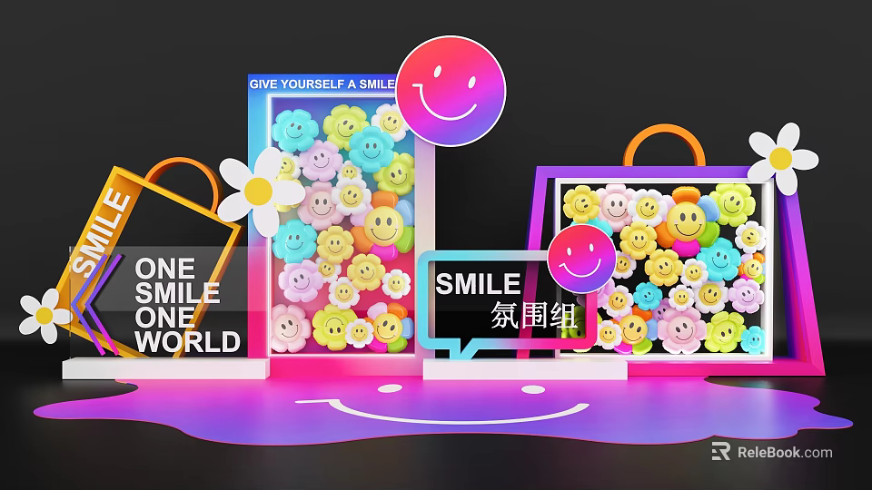 Colorful Smile Faces Photo Spot With Flower Decorations And Ambient Lighting 3d model 