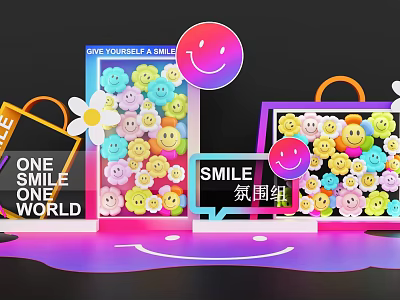 Colorful Smile Faces Photo Spot With Flower Decorations And Ambient Lighting 3d model