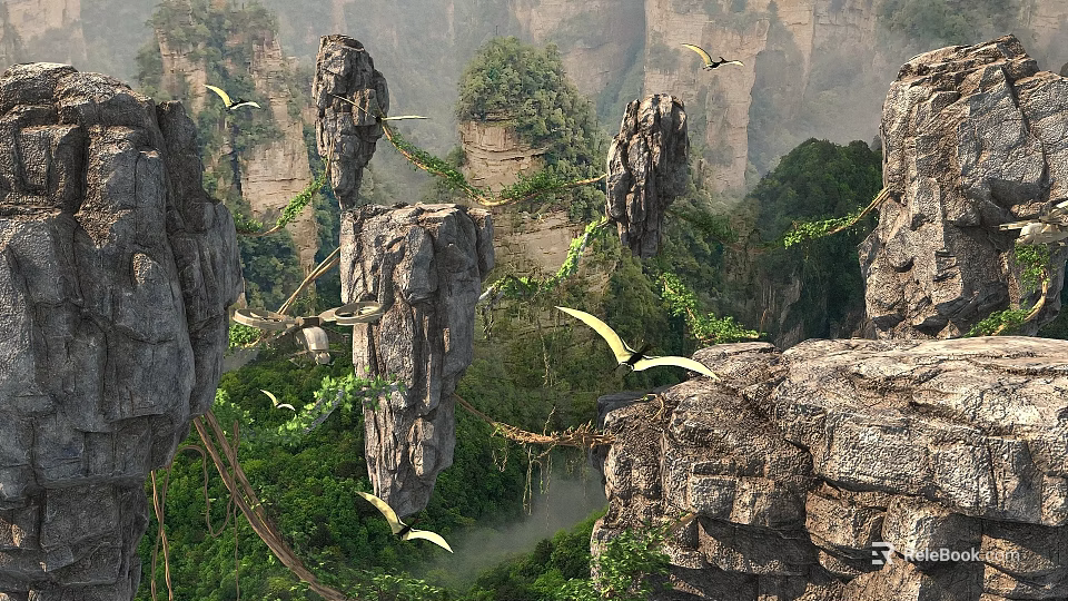 Breathtaking Natural Landscape Of Towering Karst Peaks With Flying Pterosaurs And Lush Green Forests 3d model 