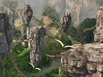 Breathtaking Natural Landscape Of Towering Karst Peaks With Flying Pterosaurs And Lush Green Forests 3d model